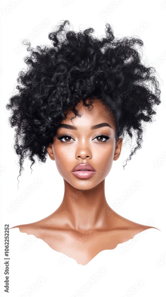 Portrait of a young Black woman with stunning curly hair, exuding confidence and beauty against a white background. Portrait of a young Black woman with stunning curly hair, exuding confidence and beauty against a white background.