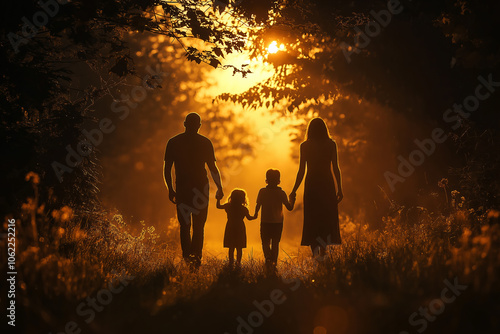 Family Walking Together at Sunset in Nature, Silhouetted Against Golden Light.