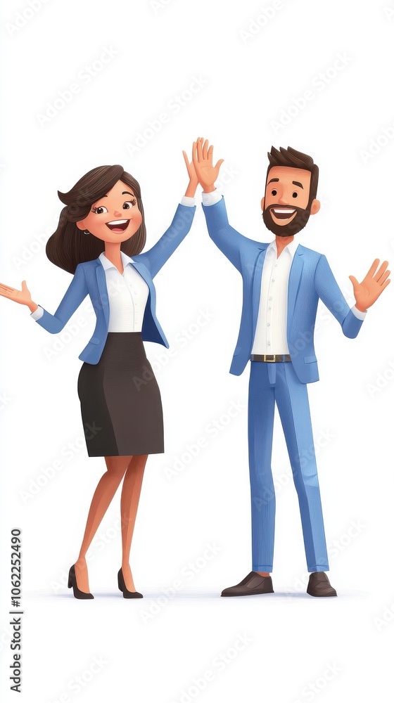A happy South Asian man and woman celebrating success with high fives, dressed in smart business attire. A happy South Asian man and woman celebrating success with high fives, dressed in smart business attire.