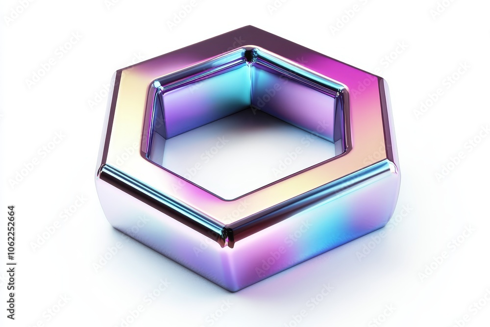 Abstract hexagon shape with a glossy metallic finish, symbolizing geometry, technology, futuristic design, modern art, and iridescent colors. Abstract hexagon shape with a glossy metallic finish, symbolizing geometry, technology, futuristic design, modern art, and iridescent colors.