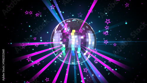 Disco Mirror Ball with Dance floor Strobe Lights and Stars Background.