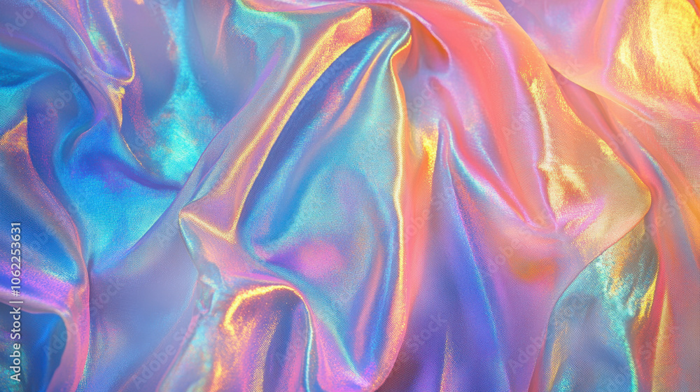 Fototapeta premium Iridescent fabric draping elegantly under soft lighting showcasing vibrant colors and textures