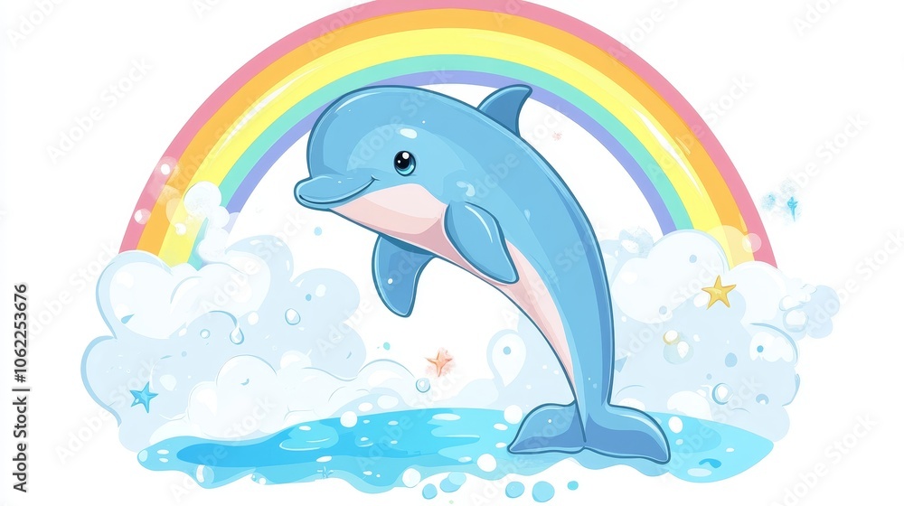 A cute baby dolphin jumps joyfully through the air under a vibrant rainbow, surrounded by clouds and sparkling water. The image evokes themes of happiness, wonder, and the beauty of nature. A cute baby dolphin jumps joyfully through the air under a vibrant rainbow, surrounded by clouds and sparkling water. The image evokes themes of happiness, wonder, and the beauty of nature.