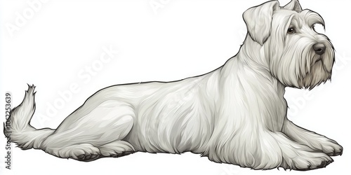 illustration features Sealyham Terrier fluffy white coat sitting focused manner. design emphasizes dogs features clean lines and natural light. photo