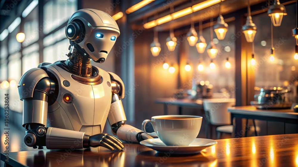 Fototapeta premium Futuristic robot enjoying coffee in a modern café ambiance