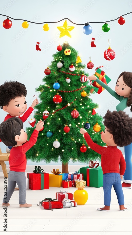 Two children and a woman decorating a Christmas tree with colorful ornaments, surrounded by gifts and festive decor. Two children and a woman decorating a Christmas tree with colorful ornaments, surrounded by gifts and festive decor.