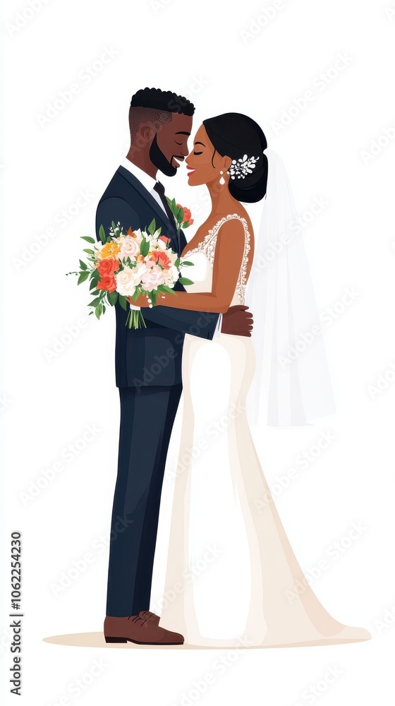 A beautiful Black couple embraces on their wedding day, exuding love and elegance in their stunning attire. A beautiful Black couple embraces on their wedding day, exuding love and elegance in their stunning attire.