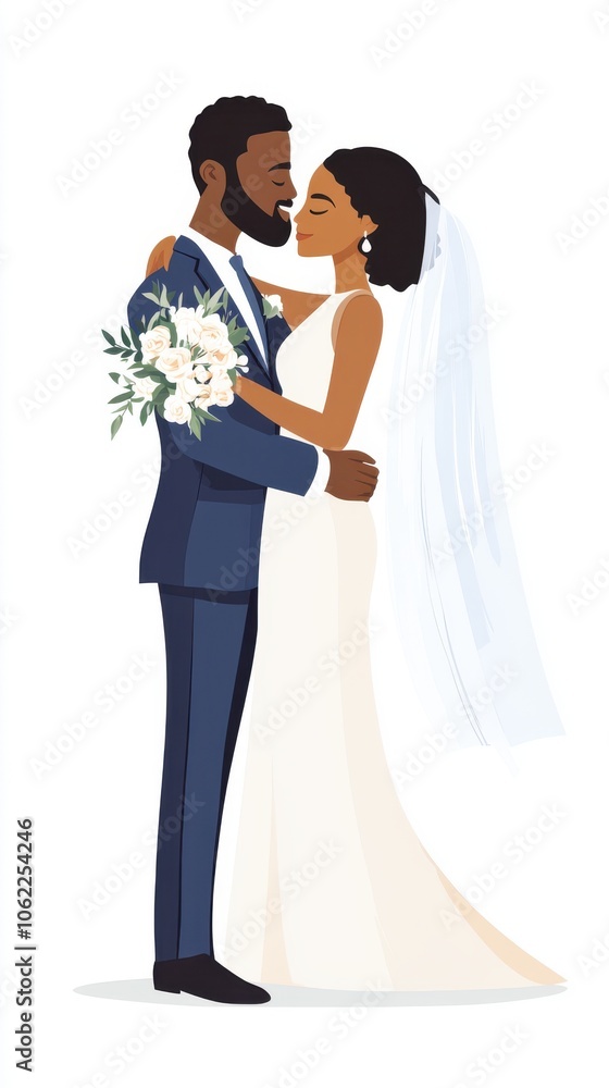 A joyful Black couple embracing, dressed in elegant wedding attire, radiating love and happiness. A joyful Black couple embracing, dressed in elegant wedding attire, radiating love and happiness.