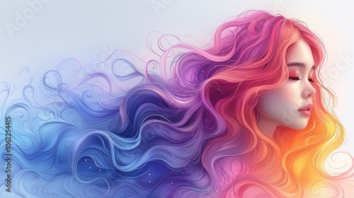 Ethereal portrait of a woman with flowing colorful hair strands. Created with Generative AI