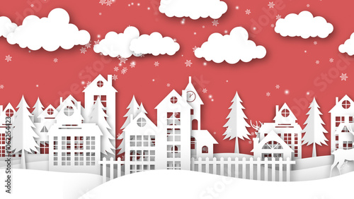 Christmas Background with Paper cut Design of Town with Christmas Trees and Snowman.