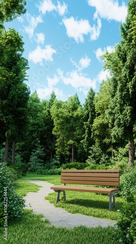 Serene outdoor bench surrounded by lush greenery and trees under a bright blue sky.