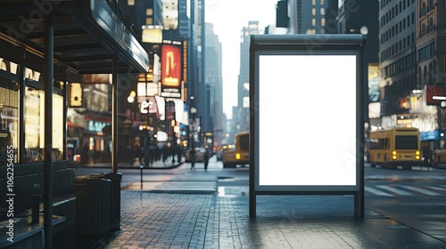 Close-up of a blank white banner on a bus stop shelter in a busy urban setting. Great for text or ad customization against a cityscape.