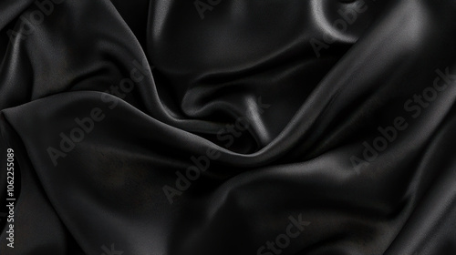 Elegant black satin fabric drapes softly, transforming light into enchanting shadows and textures