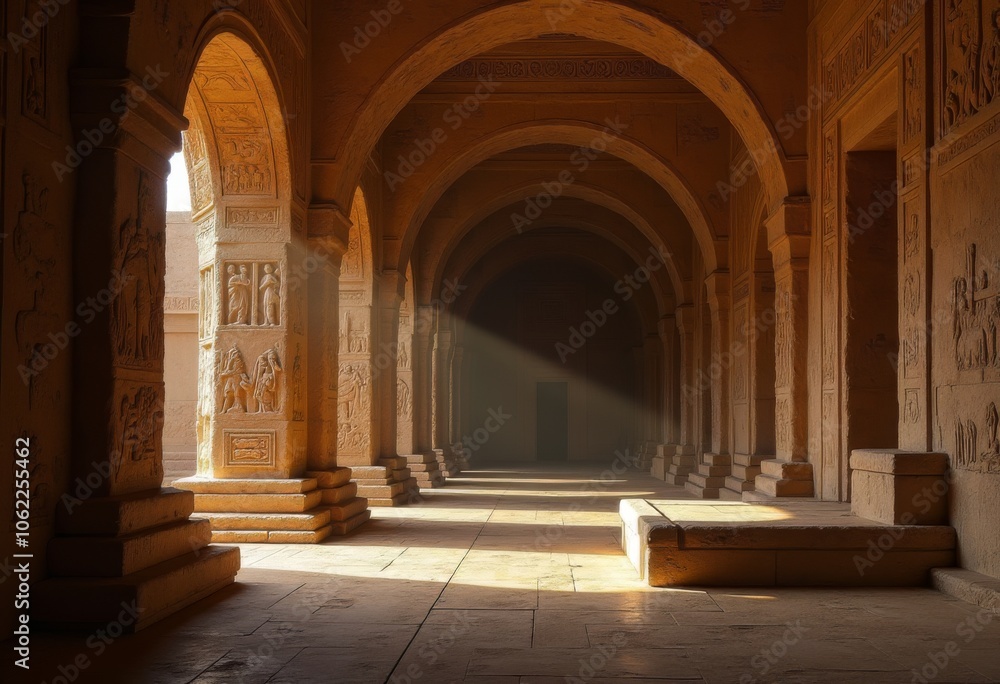 Obraz premium Exploring ancient architecture in a sunlit corridor at a historic temple site in the late afternoon