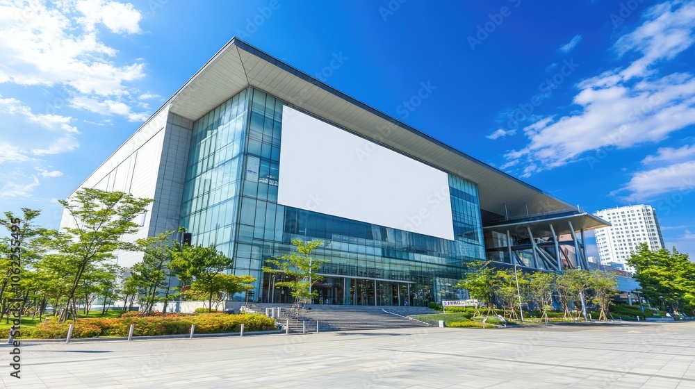 Large blank banner on the exterior wall of a modern building, ideal for custom advertisements and branding, with a clear sky background.
