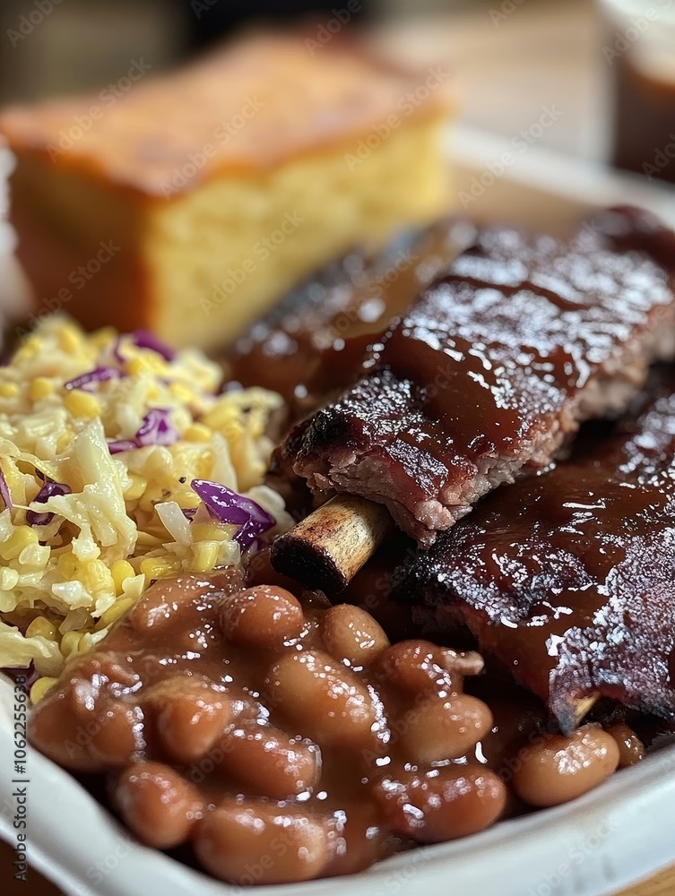 Close-up shot of a plate with BBQ ribs, baked beans, coleslaw, and cornbread, perfect for a hearty and satisfying meal. Close-up shot of a plate with BBQ ribs, baked beans, coleslaw, and cornbread, perfect for a hearty and satisfying meal.