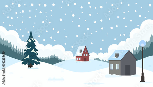 Snowy winter landscape featuring quaint houses and a tall pine tree under a blue sky