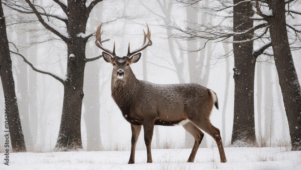 Majestic deer standing in snowfall during winter in a forest. Majestic deer standing in snowfall during winter in a forest.