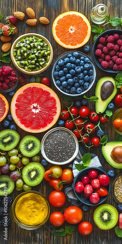 An Elegant Arrangement of Fresh Fruits, Nuts, and Seeds on an Oak Table. Avocados, Blueberries, Kiwi, Grapefruit, Watermelon Slices, and Cherry Tomatoes Surround Chia Seed Powder, with Olive Oil and C