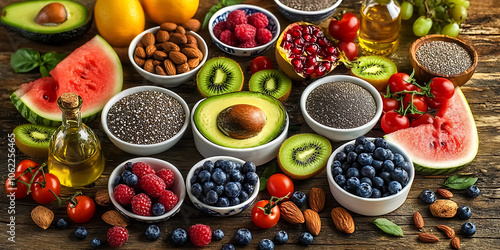 Fresh and Vibrant Fruits, Nuts, and Seeds Display on an Oak Table. Avocados, Blueberries, Kiwi, Grapefruit, Watermelon Slices, and Cherry Tomatoes Surround Chia Seed Powder, with Olive Oil and Coconut