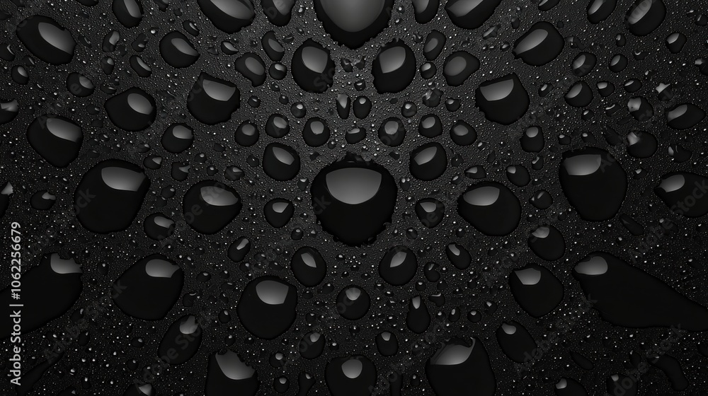 A close up of black water droplets on a surface A close up of black water droplets on a surface