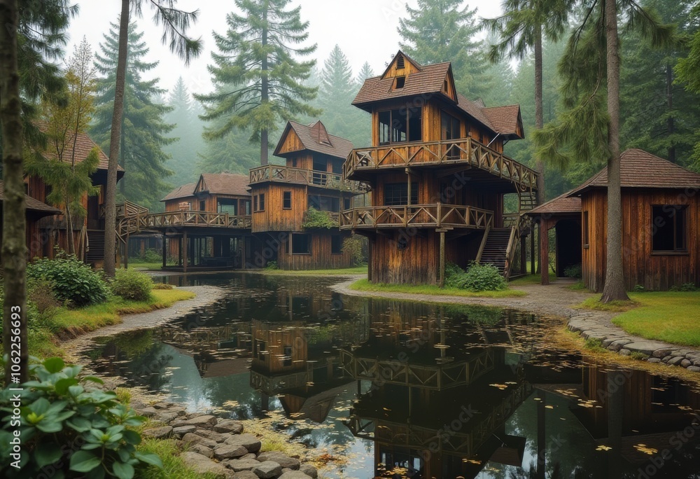 Charming wooden cabins surrounded by misty forest and tranquil waters in a peaceful retreat Charming wooden cabins surrounded by misty forest and tranquil waters in a peaceful retreat