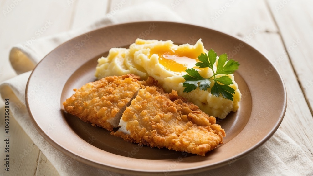 Crispy fried fish fillets served with creamy mashed potatoes and garnished with fresh parsley on a rustic dining table. Crispy fried fish fillets served with creamy mashed potatoes and garnished with fresh parsley on a rustic dining table.
