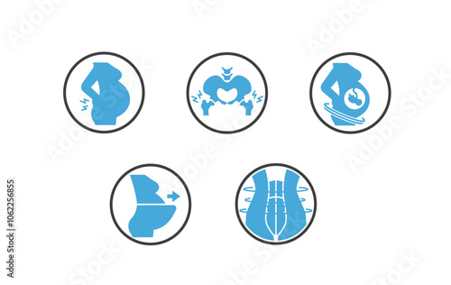 Maternity Comfort and Support. Icons Included: Pregnant Belly Support, Expandable Belly Panel, Pelvic Girdle Pain, Abdominal Compression Support Panel, Lower Back Pain