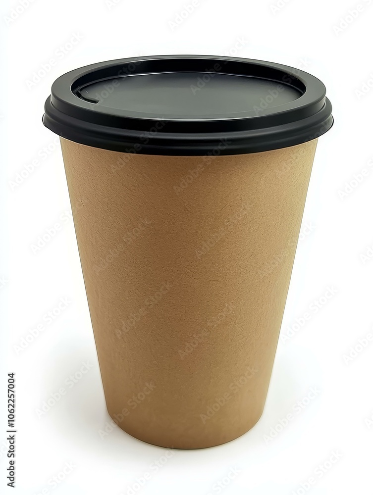Brown paper coffee cup with black lid, isolated on a white background. Perfect for coffee, tea, or other beverages, this cup is ideal for branding or mockup purposes. Brown paper coffee cup with black lid, isolated on a white background. Perfect for coffee, tea, or other beverages, this cup is ideal for branding or mockup purposes.