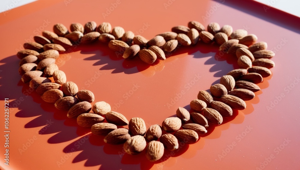 Obraz premium Heart Shape Formed by Raw Almonds on a Bright Orange Surface.