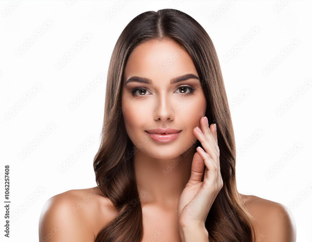 beautiful brunette young woman model with clean skin isolated on white background hand on face beautiful brunette young woman model with clean skin isolated on white background hand on face