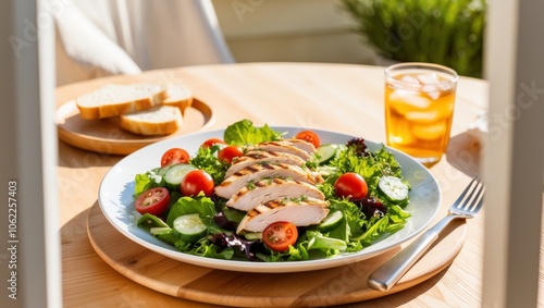 Healthy grilled chicken salad on a sunny dining table.