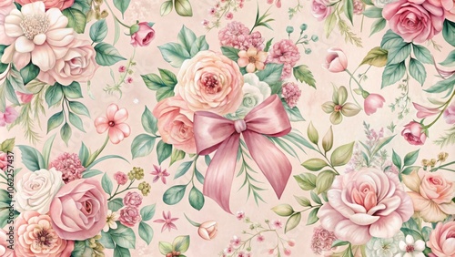 Elegant floral pattern with pink roses and green foliage for wedding invitations
