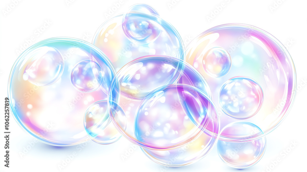 Group of translucent bubbles, overlapping slightly on white background, high clarity and definition, concept light and delicate Group of translucent bubbles, overlapping slightly on white background, high clarity and definition, concept light and delicate