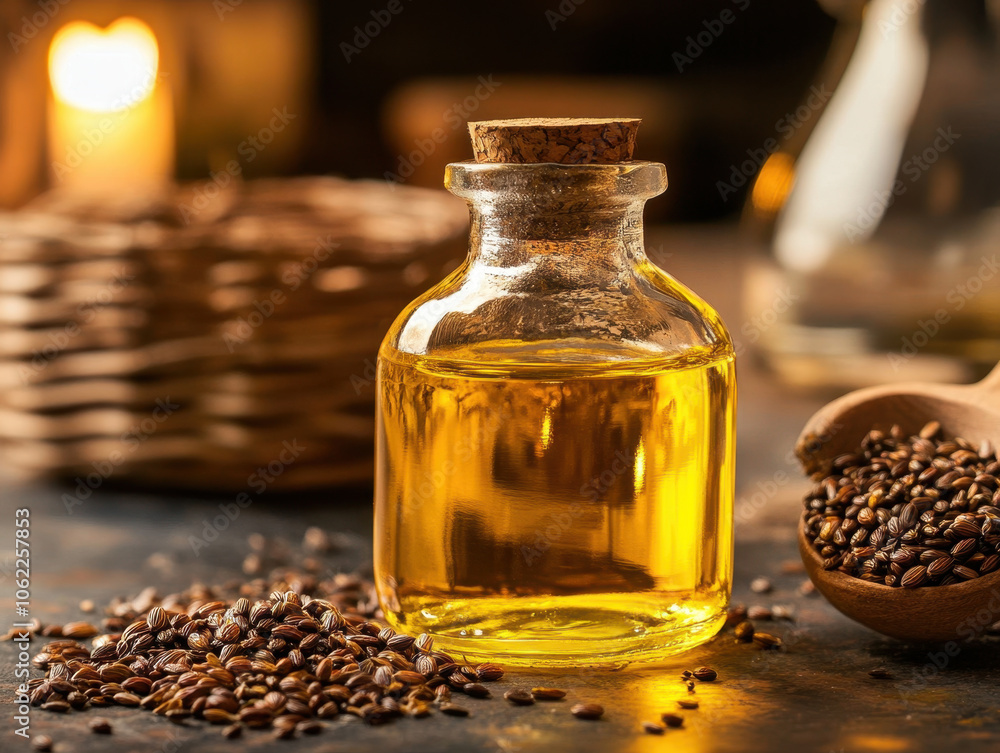 Exploring the beauty of natural oils and seeds in a rustic kitchen setting Exploring the beauty of natural oils and seeds in a rustic kitchen setting