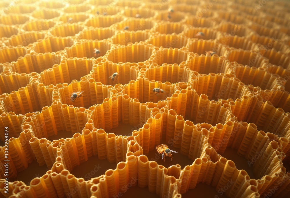 Close-up view of honeycomb cells filled with bees during a sunny day in a vibrant garden Close-up view of honeycomb cells filled with bees during a sunny day in a vibrant garden