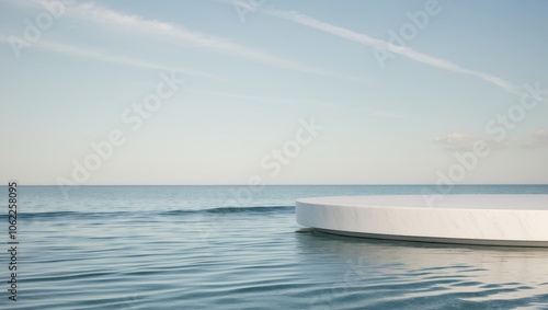 A coastal composition featuring a white marble round platform floating on calm blue sea water.