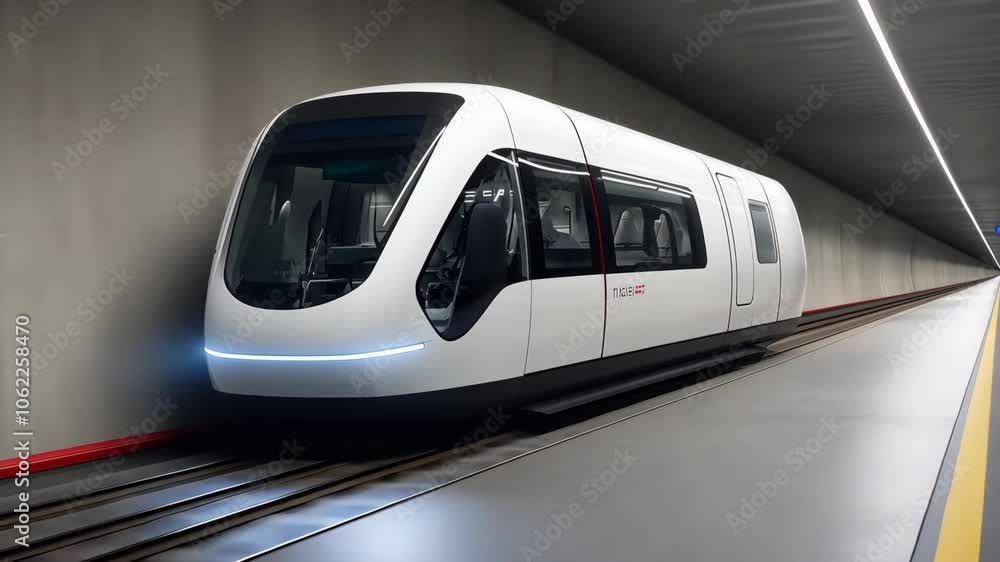A white train travels through a tunnel, moving along tracks on the ground A white train travels through a tunnel, moving along tracks on the ground