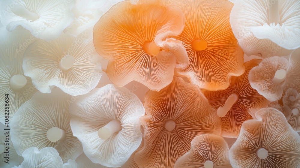 A close up of mushrooms with a white and orange color scheme A close up of mushrooms with a white and orange color scheme