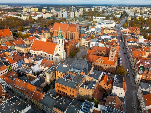 Aerial view of historical buildings and roofs in Polish medieval town of Torun where Nicolaus Copernicus was born.