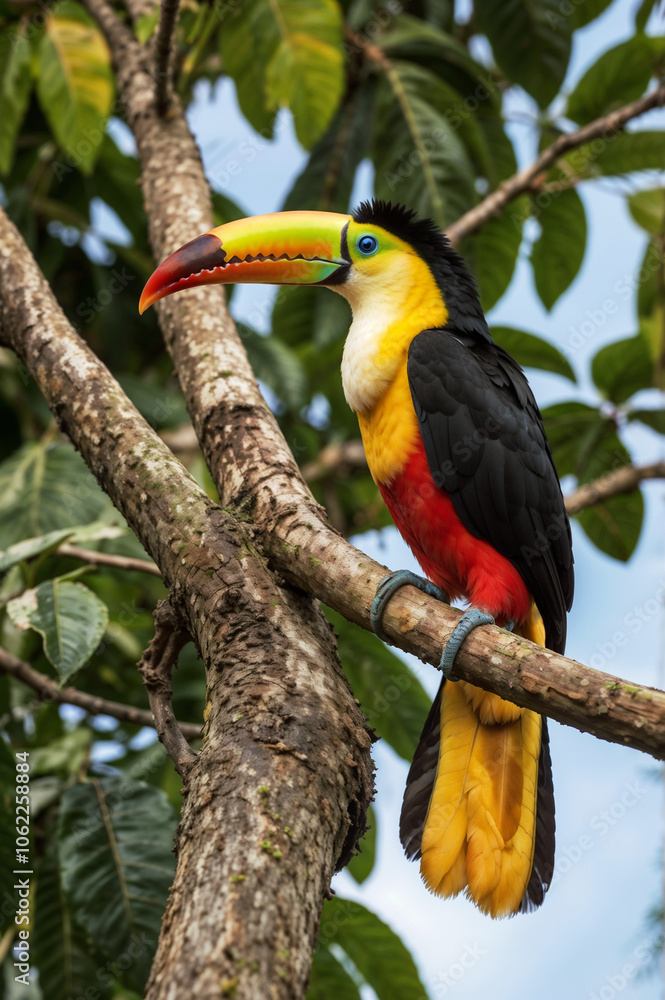Beautiful colorful toucan bird (Ramphastos toco) sitting on a branch in natural habitat, bird world, banner. Beautiful colorful toucan bird (Ramphastos toco) sitting on a branch in natural habitat, bird world, banner.