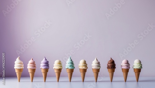 delightful arrangement of ice cream cones on a soft light purple background. photo