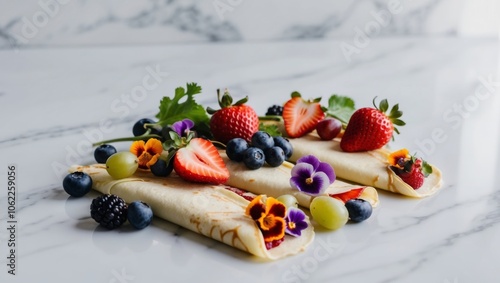 gourmet crepes with fresh fruits and edible flowers on a white marble background.