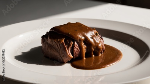 A white plate topped with meat and covered in gravy.
