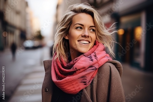 Portrait of beautiful young woman wearing scarf and coat in the city