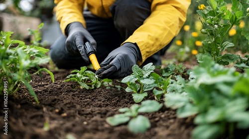 A person wearing black gloves is weeding a garden bed.