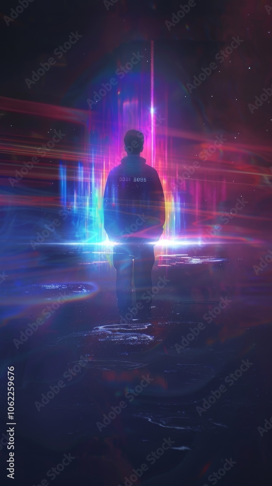 A man stands in front of a glowing, colorful background. The image has a futuristic, otherworldly feel to it A man stands in front of a glowing, colorful background. The image has a futuristic, otherworldly feel to it