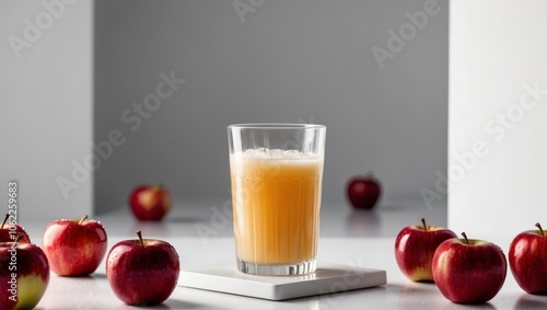 Freshly squeezed apple juice in a glass surrounded by ripe red apples on a white surface.
