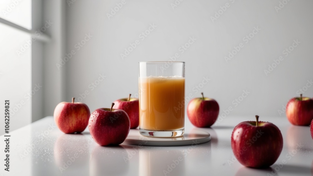 Freshly squeezed apple juice in a glass surrounded by ripe red apples on a white surface. Freshly squeezed apple juice in a glass surrounded by ripe red apples on a white surface.