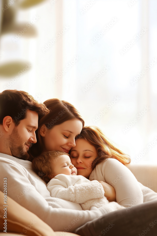 Cozy family moment indoors as parents embrace their sleeping child in soft daylight Cozy family moment indoors as parents embrace their sleeping child in soft daylight